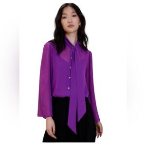 Banana Republic Bell Sleeve Tie Blouse Stargazer Fuschia Purple XL